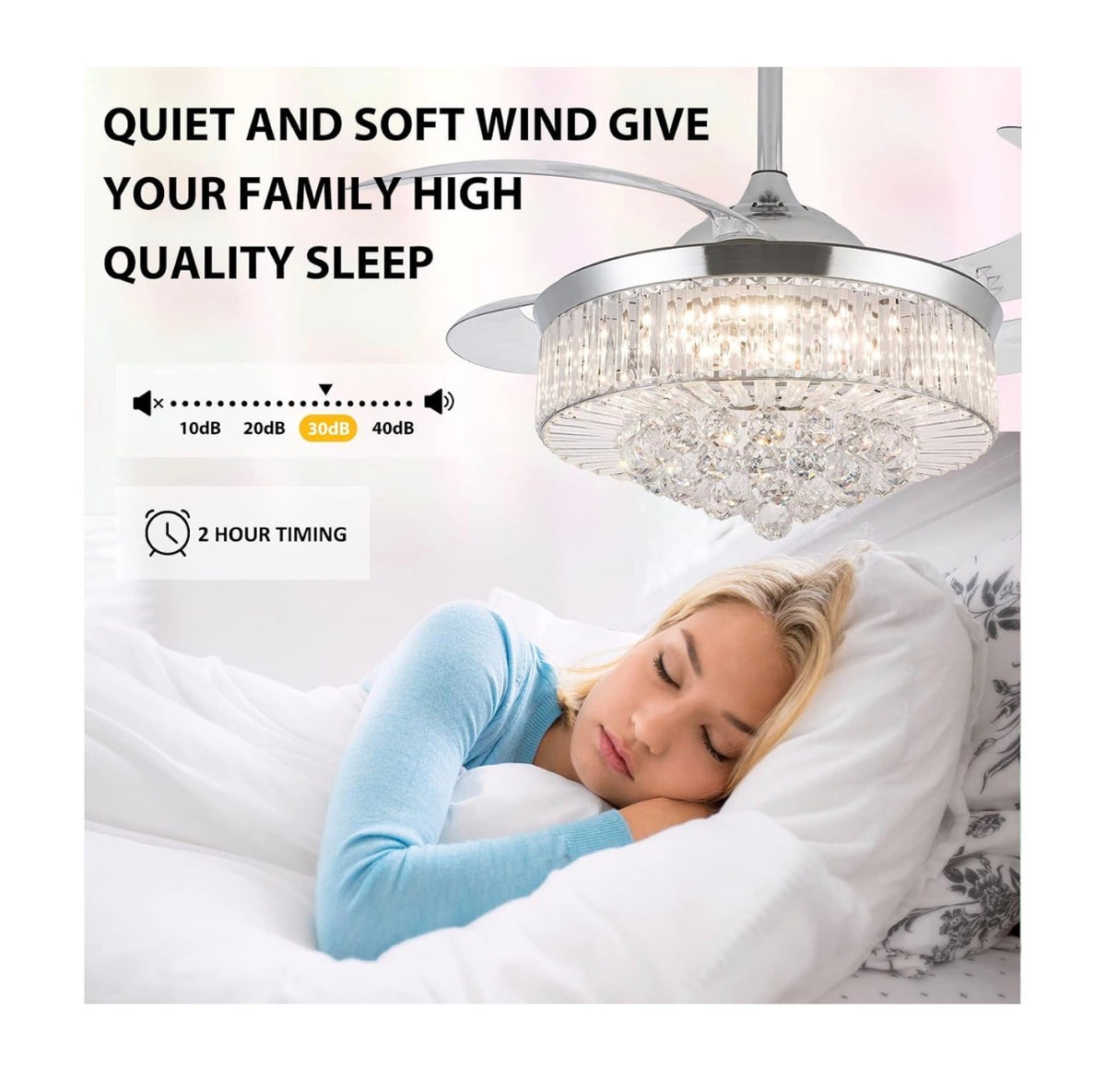 42 Inch Crystal Ceiling Fan with Light, Silvery Chandelier Fan with Remote, 6 Speeds, 3 Colors Changes, 4 Blades Rectangle Ceiling Fan for Bedroom, Living Room, Dining Room (Silver) (New in Box)