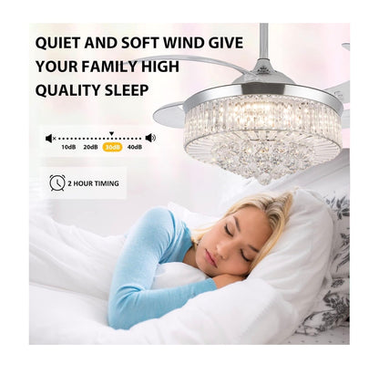 42 Inch Crystal Ceiling Fan with Light, Silvery Chandelier Fan with Remote, 6 Speeds, 3 Colors Changes, 4 Blades Rectangle Ceiling Fan for Bedroom, Living Room, Dining Room (Silver) (New in Box)