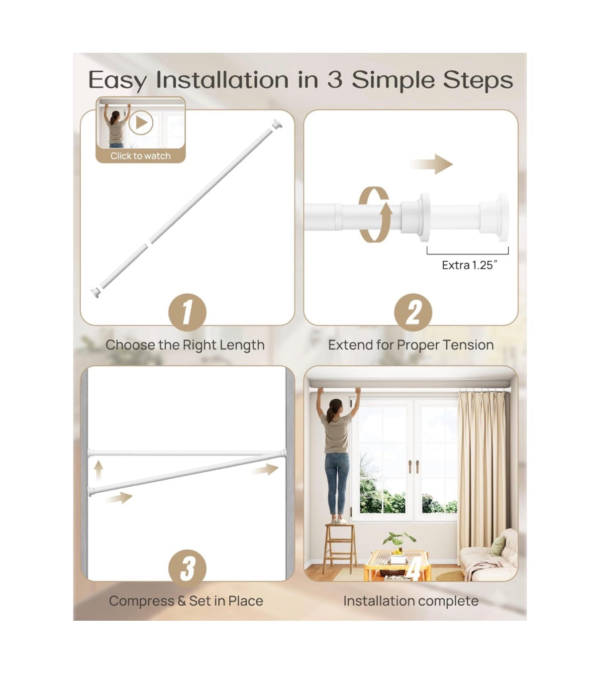 Heavy Duty Tension Curtain Rod by EZFurni, 42 to 76 Inches, Anti-Slip Spring Loaded Curtain Rods No Drilling, Apartment Renter Friendly Tension Rod for Windows, Bathroom, Closet & Doors (White) (New in Box)