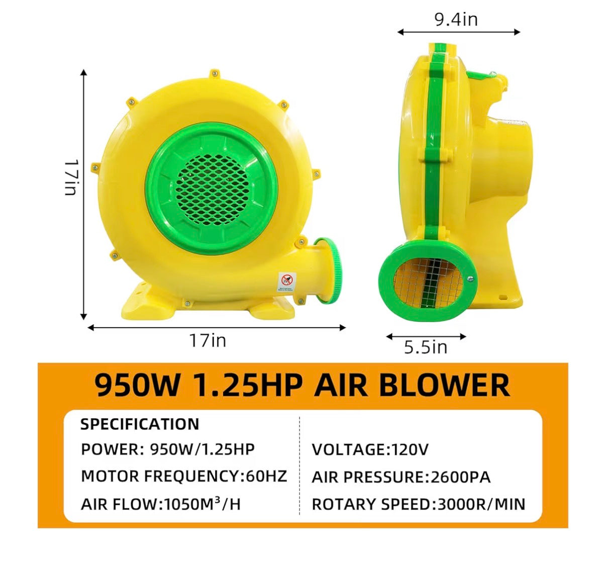 Air Blower for Inflatables, 950 Watt 1.25 HP Bounce House Bubble House Blower Electric Fan Pump, for Outdoor Inflatable Paint Booth Water Slide, Bouncy Castle, Jumper Corded (Yellow) (New in Box)