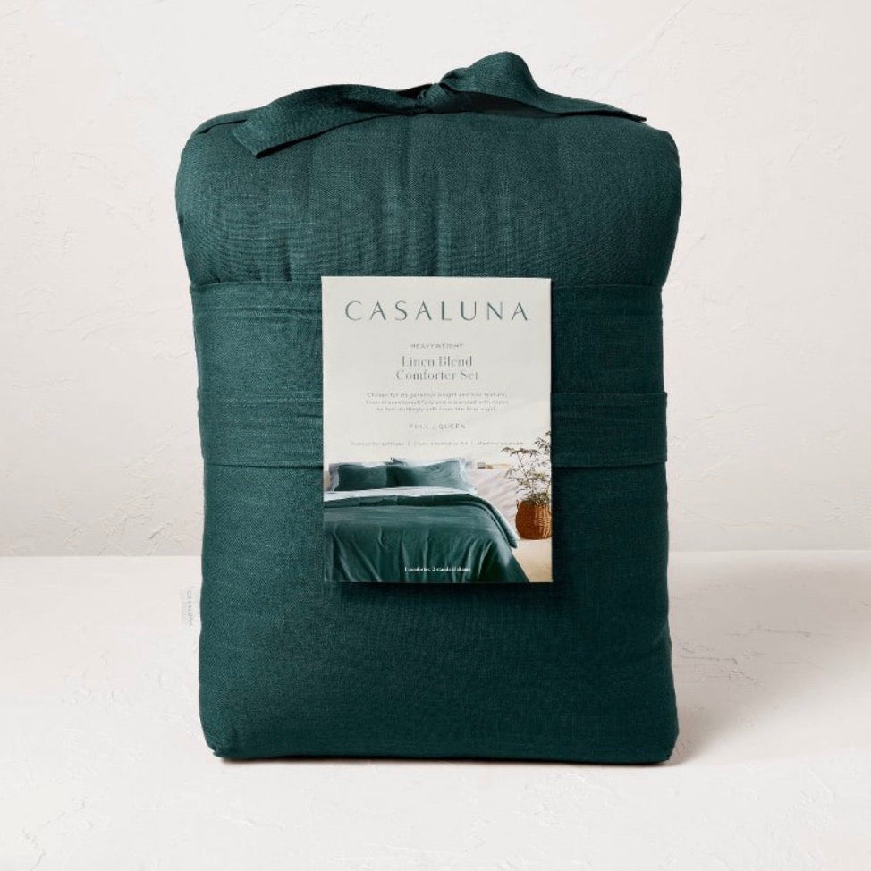 King/California King Heavyweight Linen Blend Comforter & Shame Set Dark Teal Blue - Casaluna Woven Rayon, Zipper Closure (New in Package)