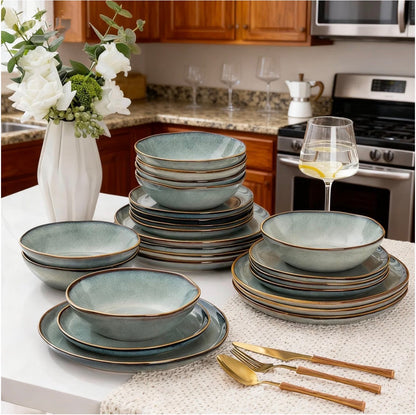AmorArc Ceramic Dinnerware Sets for 6, 18 Pieces Plates and Bowls Set Stoneware Handmade Reactive Glaze Dinner Set, Highly Scratch Resistant Dishwasher & Microwave Safe (Ocean Color) (New in Box)