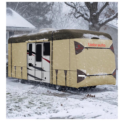 Class A RV Cover 37 Ft-40 Ft. Upgraded Heavy Duty 9 Layers Top Class A Motor Home Cover, Windproof & Breathable Toy Hauler Trailer Covers Includes 3 Extra Straps & Gutter Covers (Brown/Beige) (New in Box)
