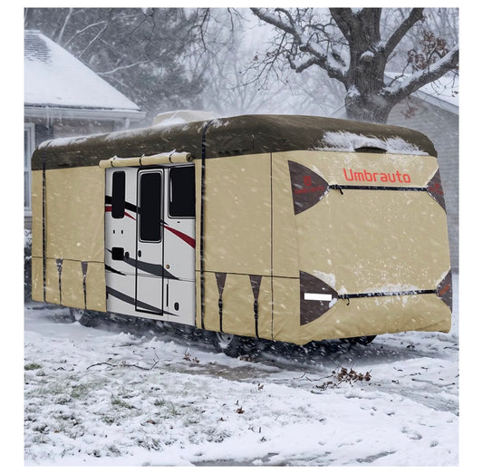 Class A RV Cover 37 Ft-40 Ft. Upgraded Heavy Duty 9 Layers Top Class A Motor Home Cover, Windproof & Breathable Toy Hauler Trailer Covers Includes 3 Extra Straps & Gutter Covers (Brown/Beige) (New in Box)