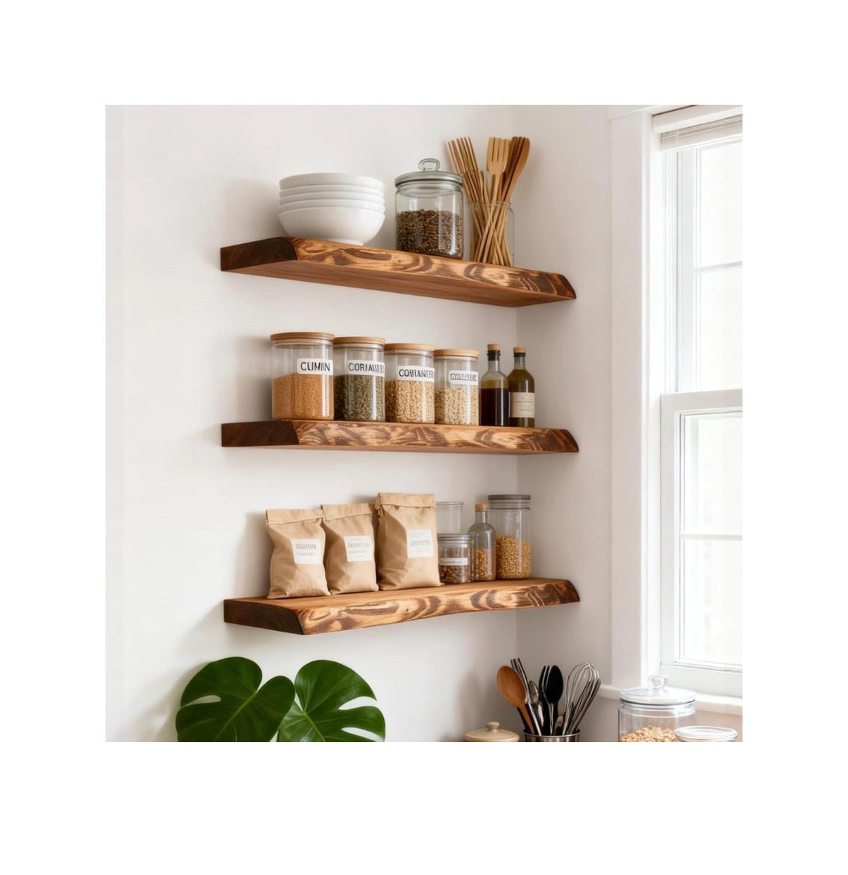 24 Inch Live Edge Floating Shelves for Wall Set of 2, Solid Finish Spruce Natural Wood Floating Shelves, Thick Rustic Edge Shelves for Bathroom, Kitchen, Living Room, Decor (Brown Finish) (New in Box)