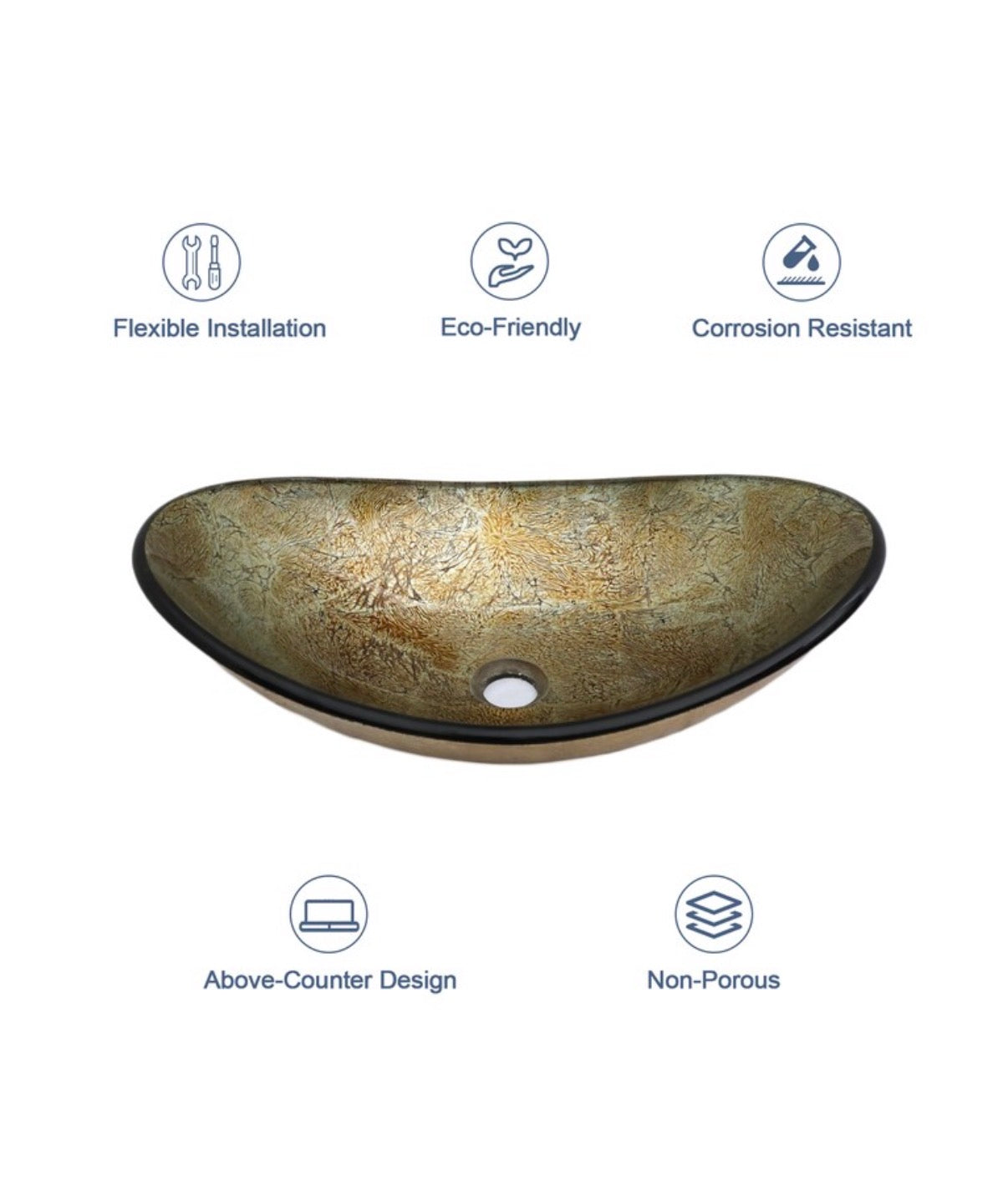 Glass 14 Inch Vessel Oval Modern Antique Gold Bathroom Sink with Drain (New in Box)