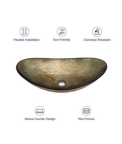 Glass 14 Inch Vessel Oval Modern Antique Gold Bathroom Sink with Drain (New in Box)