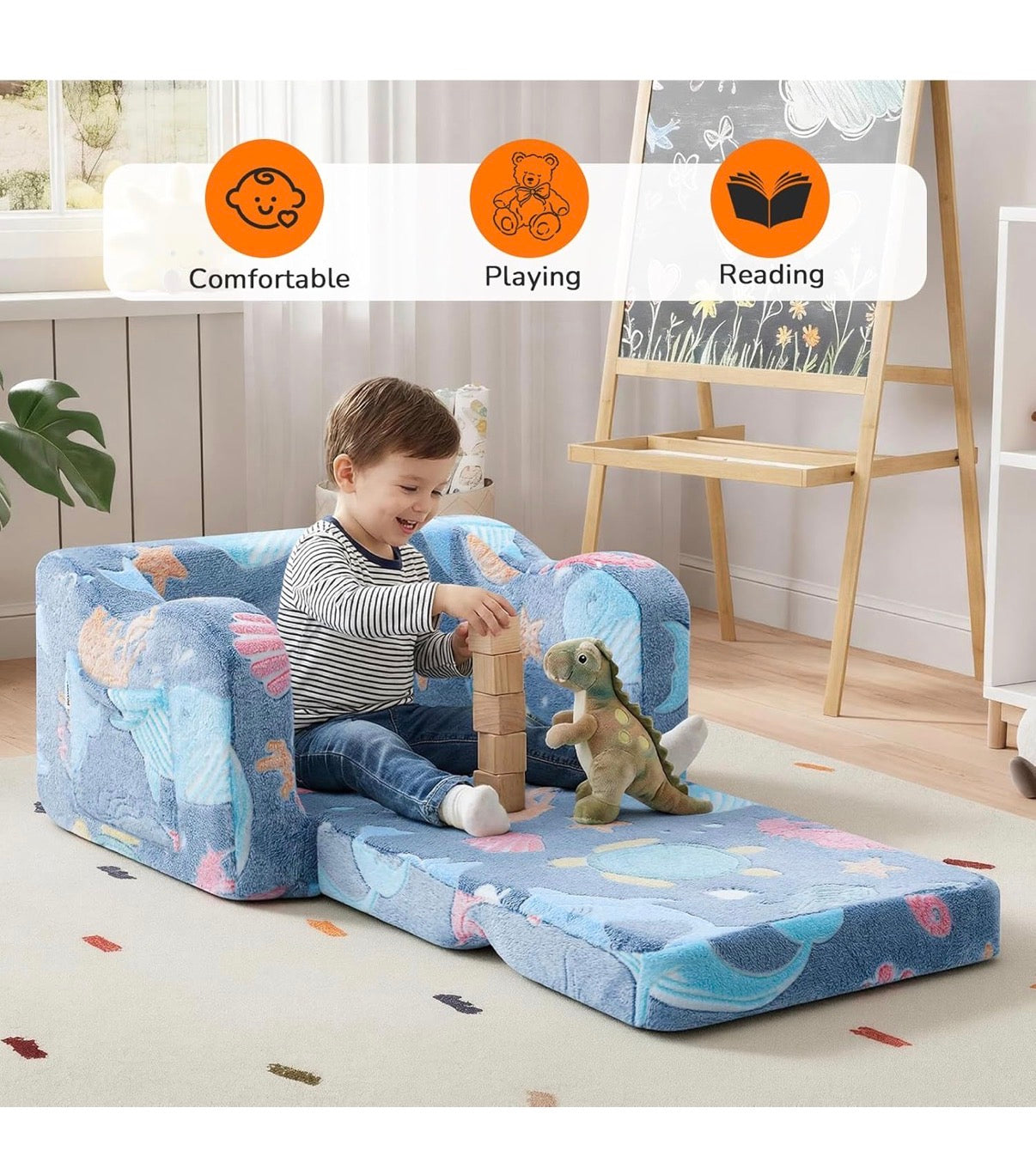 Glowing Ocean Kids Chair Glow in the Dark 2-in-1 Kids Couch Folds Out to a Floor Seat, Sea Life Foam Sofa with Seahorse Starfish Shell print, Washable Cover (New in Box)