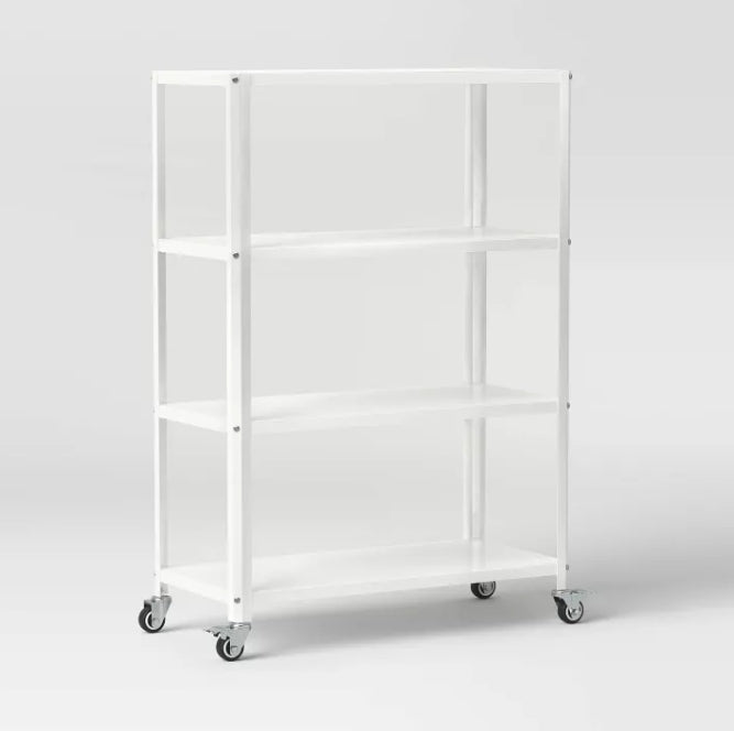 (New) Small 44" 3 Shelf Rolling Metal Bookcase