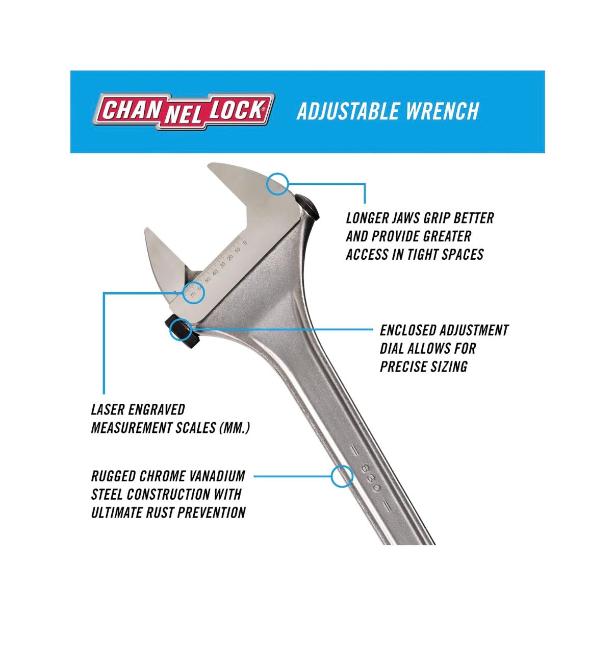 Channel Lock Adjustable Wrench, 3 Inch Jaw, 30 Inches Long (New)