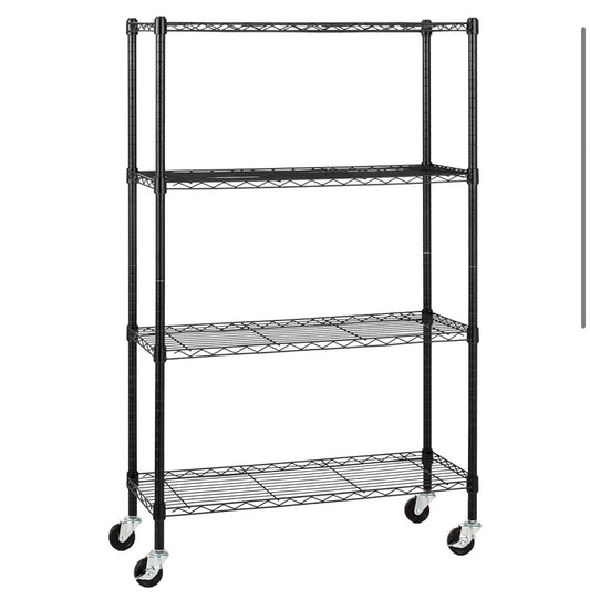 4 Shelf Heavy Duty Garage Shelving Storage Unit on 3 Inch Wheel Casters, Adjustable Metal Wire Rack with Leveling Feet, 36 Inch X 14 Inch X 57.75 Inch (Black) (New in Box)