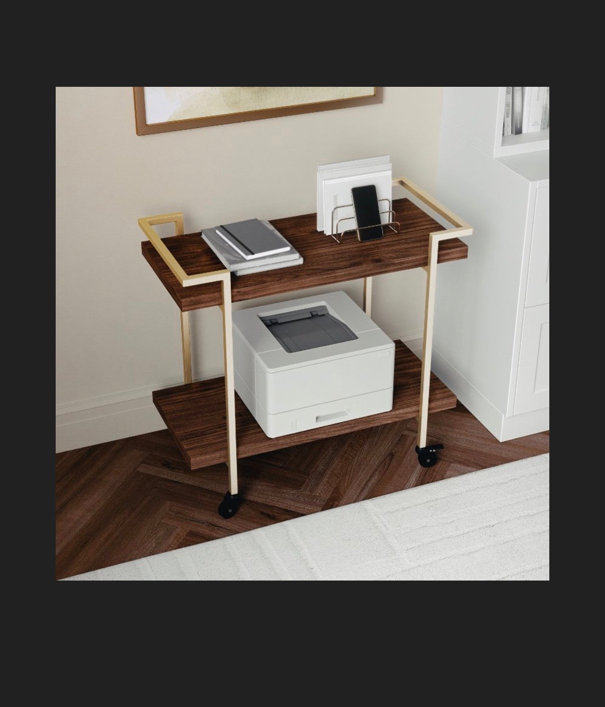 Martha Stewart 2 Tier Walnut Mobile Wood Grain Office Storage and Printer Cart with Polished Brass Frame (New in Box) (Assembly Required)
