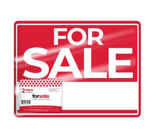 For Sale Signs bright red & white horizonal 17" x 12"  (2) PK with 16" Stakes