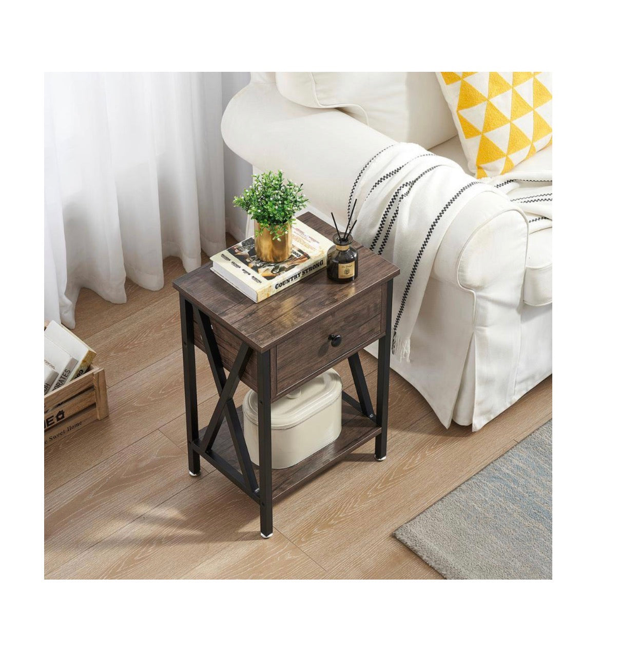 1 Bin Drawer Nightstands X Design Side End Table Nightstand 21.7 Inch Height, 11.8 Inch Width, 15.8 Inch Length (Gray) (New in Box)