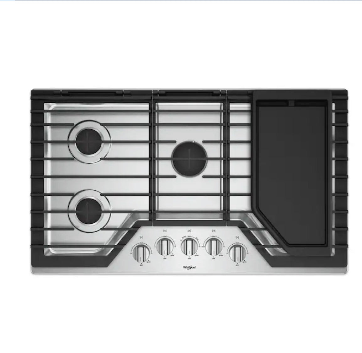 Whirlpool- 36 inch 5 Burner Stainless Steel Gas Cooktop (griddle included)