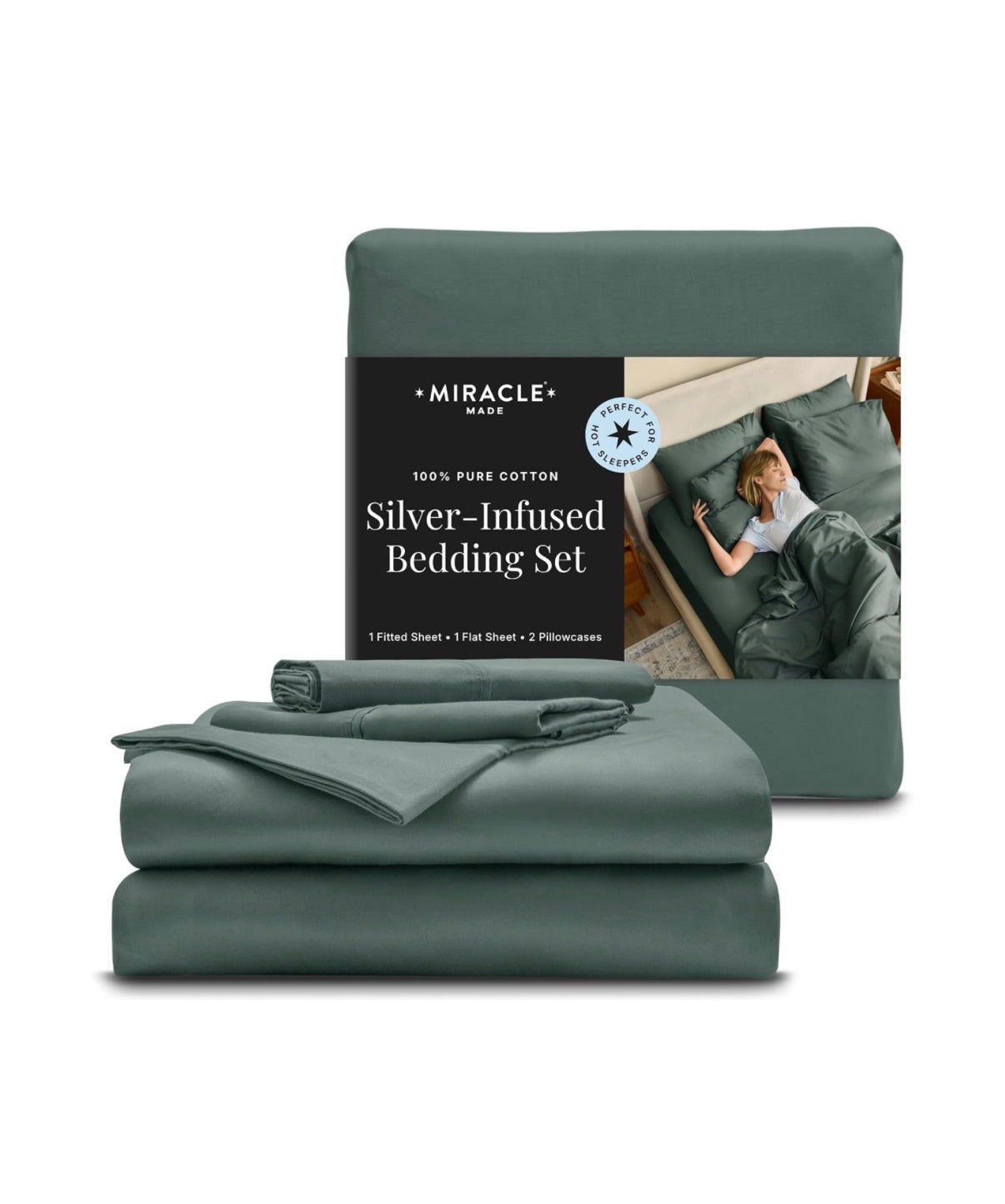Miracle Made Breathable Cotton Bed Sheets, 4 Piece Set Silver Treated, Soft and Cool to the Touch Lightweight Bedding Designed for Hot Sleepers King Size (Sage Green) (New in Box)
