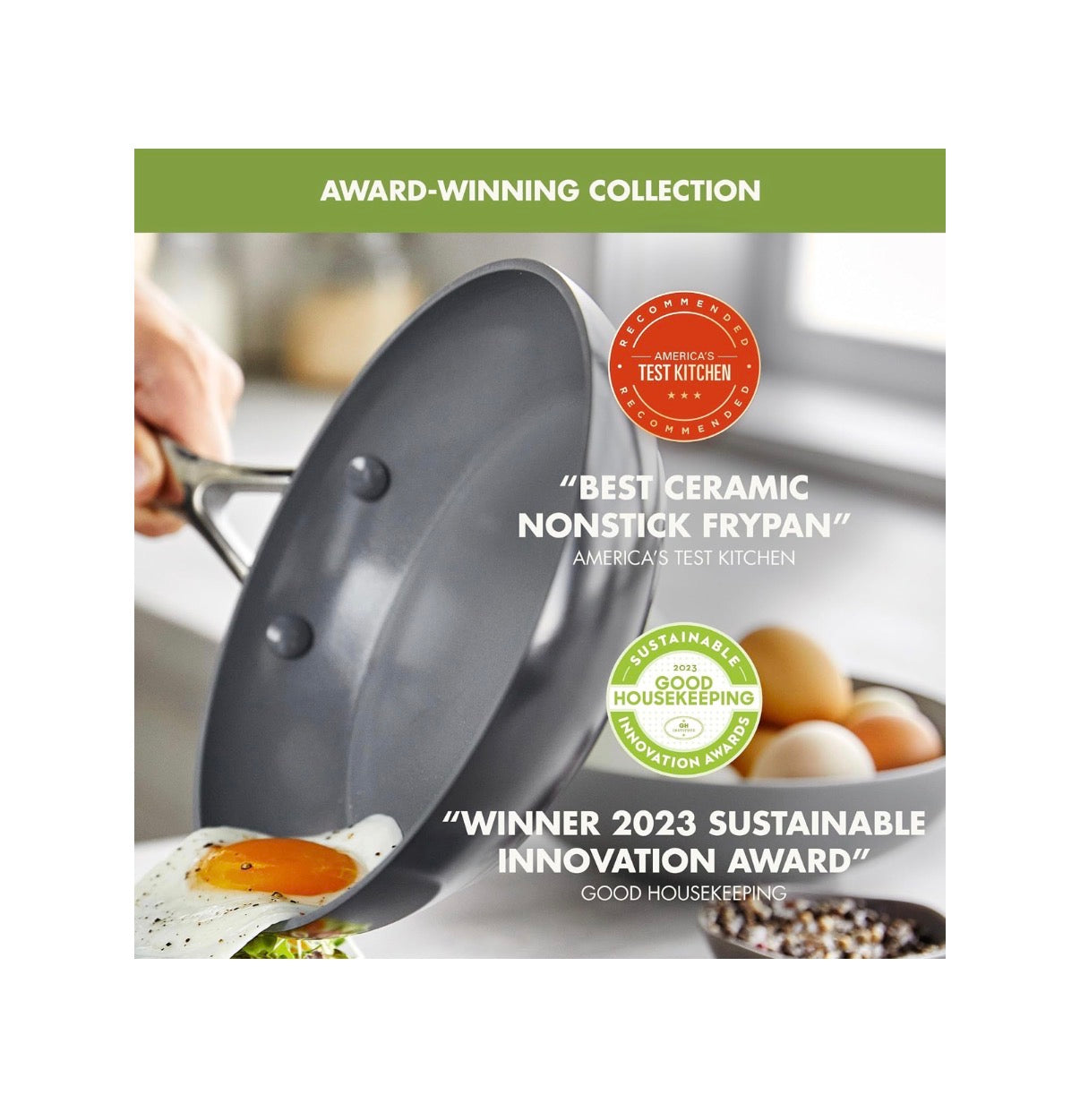 GreenPan Valencia Pro 3 Piece 8 Inch, 9.5 Inch and 11 Inch Ceramic Nonstick Skillet Set Frying Pans, PFAS-Free Nonstick, Induction Ready, All Cooktop Compatible, Hard Anodized, Dishwasher Safe and oven Safe Up to 600 Degrees Fahrenheit Safe (Gray) (New in