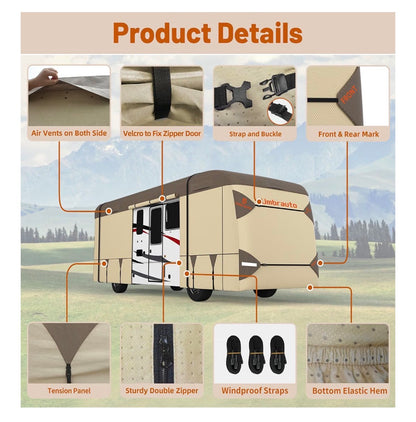 Class A RV Cover 37 Ft-40 Ft. Upgraded Heavy Duty 9 Layers Top Class A Motor Home Cover, Windproof & Breathable Toy Hauler Trailer Covers Includes 3 Extra Straps & Gutter Covers (Brown/Beige) (New in Box)