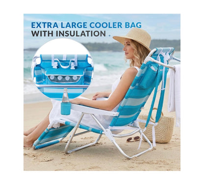 Beach Chair with Footrest High Back 5 Positions Lay Flat Reclining Beach Lounge Chair with Backpack Strap, Cooler Bag & Cup Holder for Outdoor Camping or Lawn (Green and Blue Stripes) (New in Box)