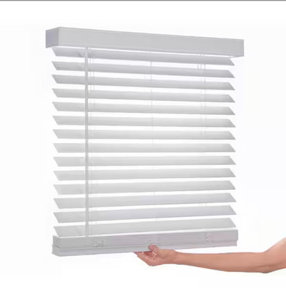 White cordless faux wood blinds for windows with 2 inch slats - 33.5 inches W X 48 inches L