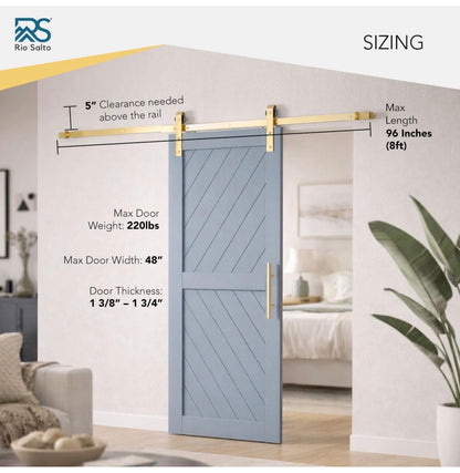Rio Salto Gold Barn Door Hardware Kit 96 Inch Adjustable Length 8 Ft. Sliding Hardware Modern Barn Interior Gold Brush Brass Panel *Hardware Only* (New in Box)