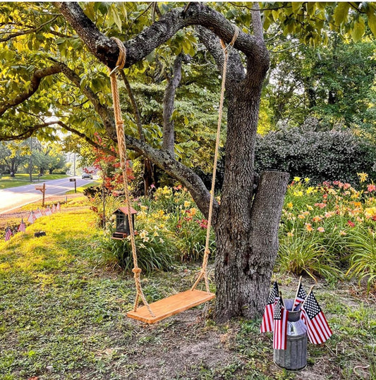Hanging wooden tree swing for adults and kids