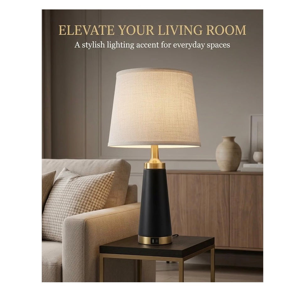 Bedside Table Lamp for Bedroom Nightstand 24 Inch Night Stand Lamps Set of 2 USB A & C Charging Ports and Outlets Side Table Lights with White Linen Shade, Knob Switch for Living Room (Black and Gold) (New in Box)