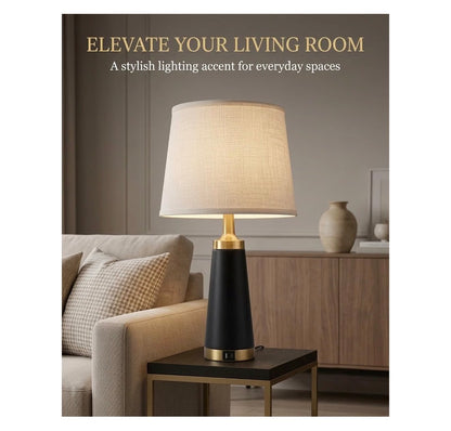 Bedside Table Lamp for Bedroom Nightstand 24 Inch Night Stand Lamps Set of 2 USB A & C Charging Ports and Outlets Side Table Lights with White Linen Shade, Knob Switch for Living Room (Black and Gold) (New in Box)