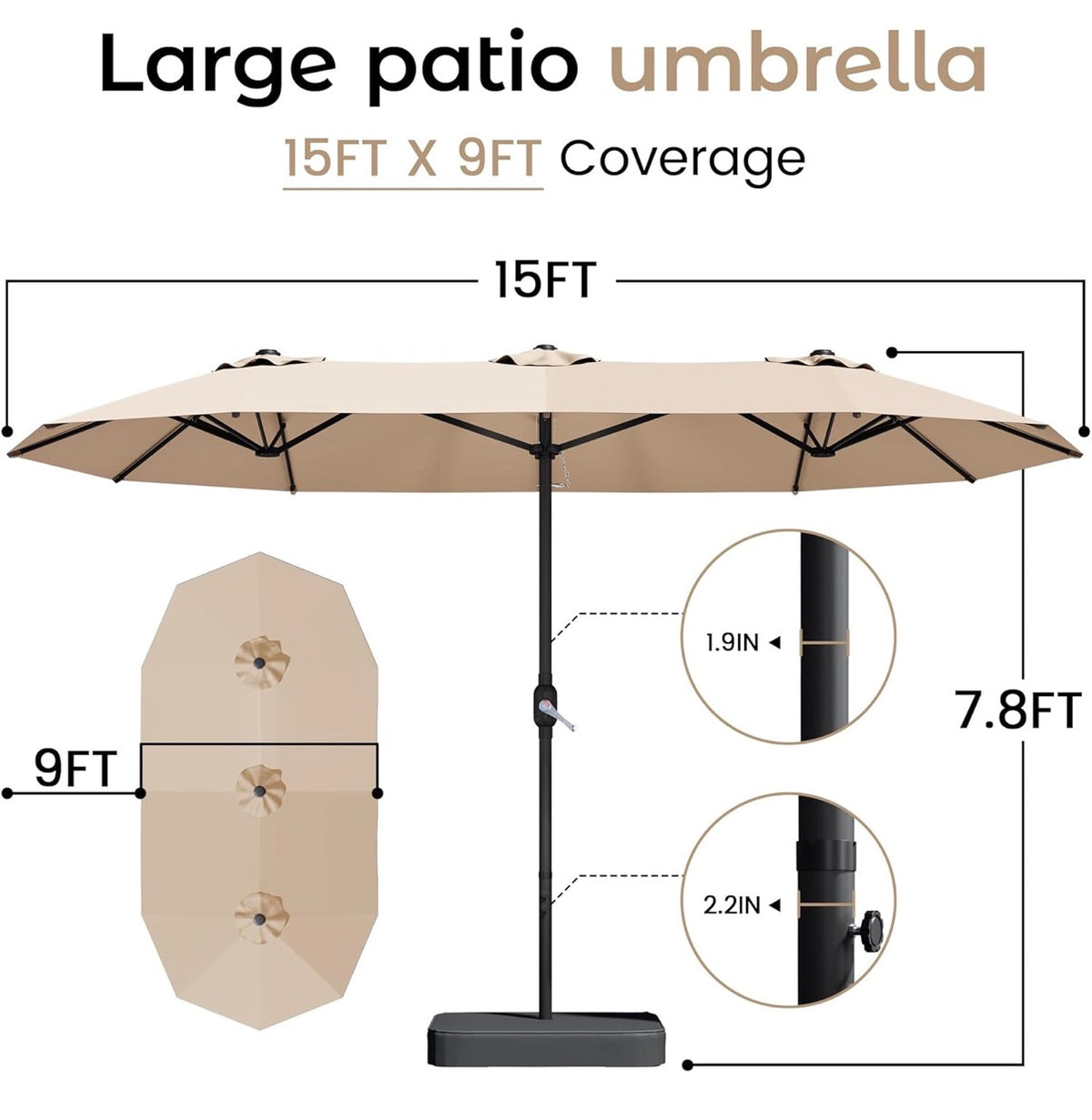 15 Ft. Patio Umbrella with Base, Large Double Sided Retangular Umbrella Triple Head Umbrella with Crank Handle, Market Umbrella for Poolside, Garden, Deck, Backyard, Beach (Beige) (New in Box)