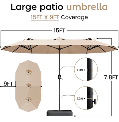 15 Ft. Patio Umbrella with Base, Large Double Sided Retangular Umbrella Triple Head Umbrella with Crank Handle, Market Umbrella for Poolside, Garden, Deck, Backyard, Beach (Beige) (New in Box)