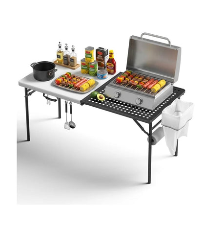 5 Foot Folding Camping table with Metal Grid Grilling Surface, Portable Outdoor Grill Stand Table with Handle for BBQ, Grilling, Camping Trip, RV, Pinic, Backyards, Tailgating (New in Box)