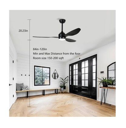 52 Inch Matte Black/Black Downrod Mount Modern 6 Speed Reversible Ceiling Fan w/ LED Light Remote Control, Downrod, Timer (New in Box)
