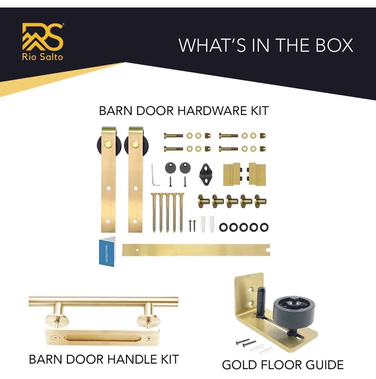 Rio Salto Gold Barn Door Hardware Kit 96 Inch Adjustable Length 8 Ft. Sliding Hardware Modern Barn Interior Gold Brush Brass Panel *Hardware Only* (New in Box)