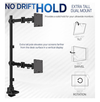 VIVO Dual Ultra Wide Monitor Extra Tall Desk Mount for up to 49 Inch Ultra, Clamp-On Adjustable Stand Holds 44lbs per Screen, VESA up to 100x100mm (Black) (New in Box)