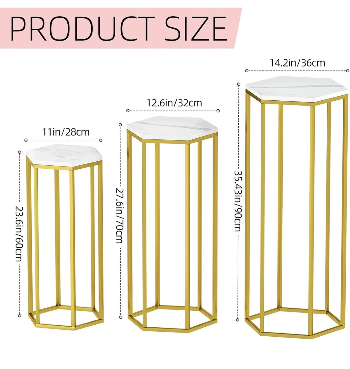 Urban Deco Cylinder Stand for Party, Set of 3 Gold Hexagon Pedestal Stands Metal Cylinder Pedestal Stand with Wooden Marble-Look Top, for Wedding, Party, Party (New in Box)