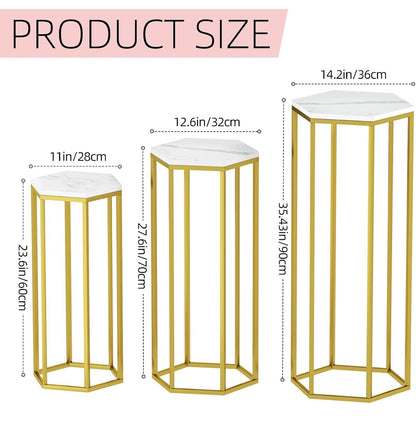 Urban Deco Cylinder Stand for Party, Set of 3 Gold Hexagon Pedestal Stands Metal Cylinder Pedestal Stand with Wooden Marble-Look Top, for Wedding, Party, Party (New in Box)