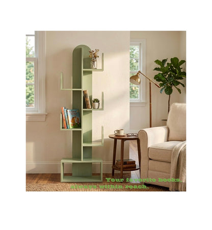 Cactus Tree Bookshelf, 5 Tier Wood 50 Inch Tall Storage Rack for CDs, Movies, Books, Small Space Saving Organizer Shelves for Living Room, Bedroom, Home, Office (Mist Green) (New in Box)