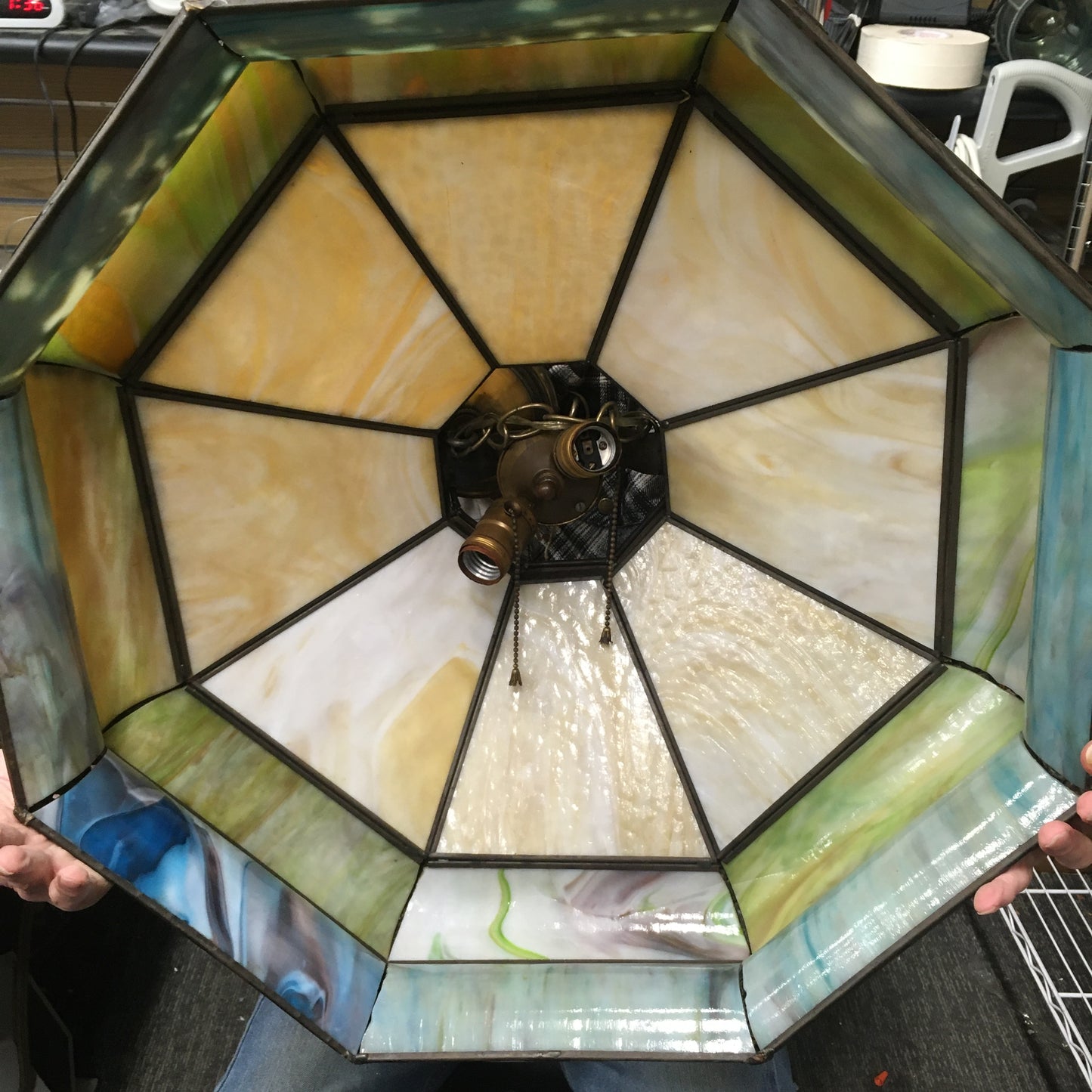 Amber and Green Slag Glass Light Fixture