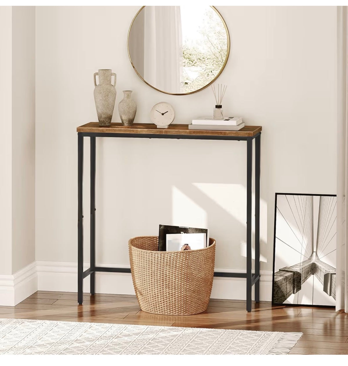 HOOBRO Narrow Console Table 29.5 Inch Small Entryway Table, Thin Sofa Side Display Table, for Hallway, Bedroom, Living Room, foyer, Rustic Brown and Black (New in Box: Needs to be Assembled)
