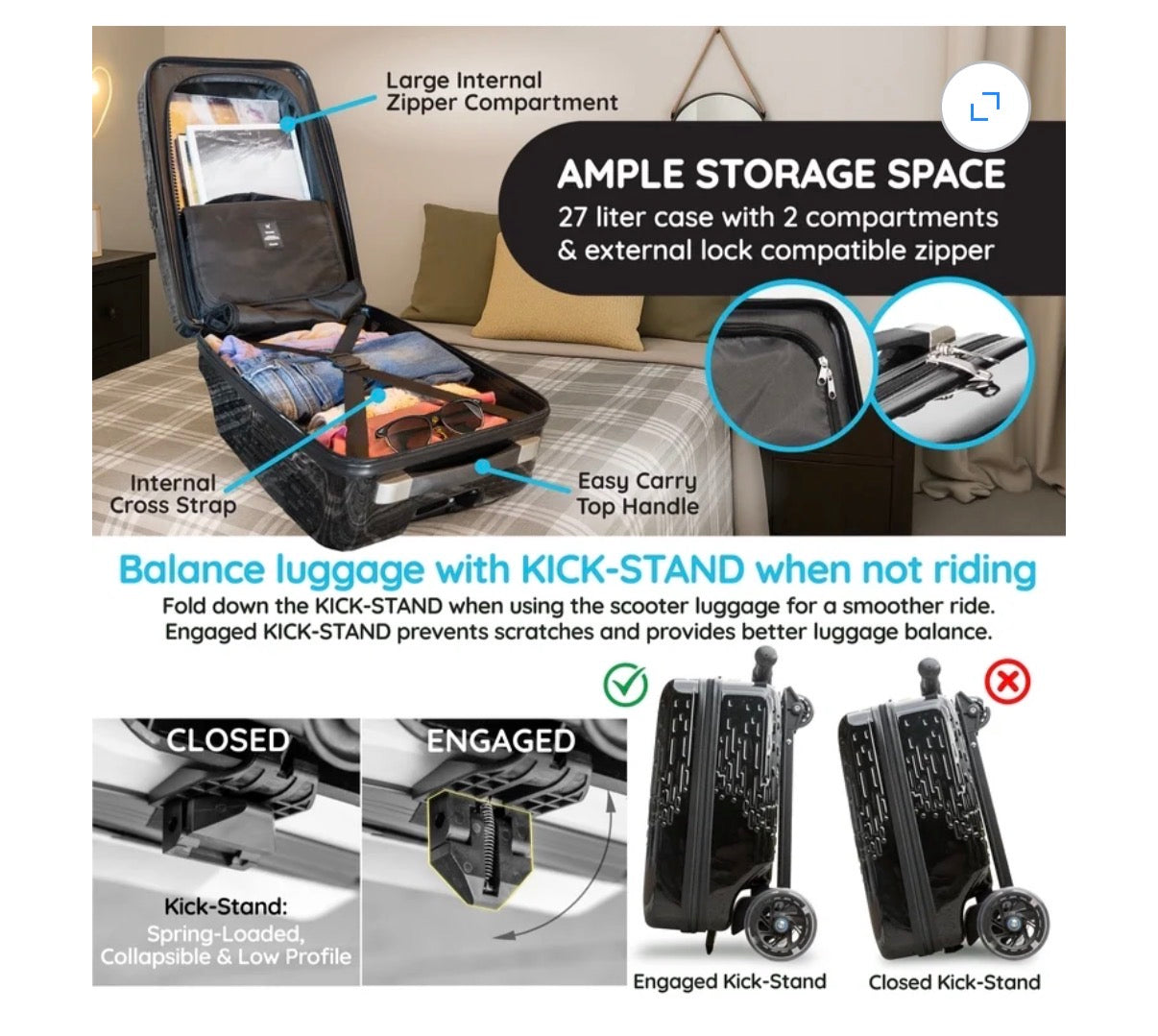TeenTotes 4-in-1 Kids Scooter Luggage Detachable Ride-On Suitcase & Carry-On Luggage Folding Travel Scooter with Adjustable Handlebar & Brake (Black) (New in Box)