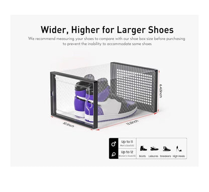 X-Large Shoe Storage Boxes Organizers Clear Plastic Stackable 12 Pack, Shoe Rack & Holder Substitute, Sneaker Containers, Toy Storage Organizer Bins for Entryway, Closet, and Under Bed (Black)