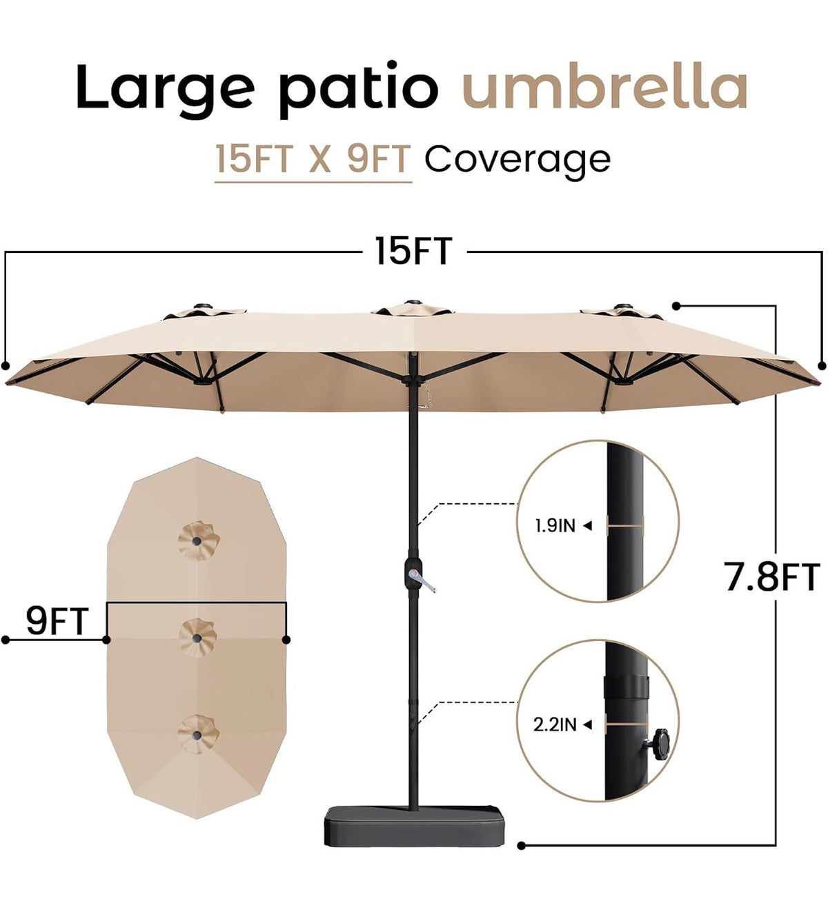 15 Ft. Patio Umbrella with Base large Double Sided Rectangular Umbrella Beige Outdoor Giant Triple Head Umbrella with Crank Handle, Market Umbrella for Poolside, Garden, Deck, Backyard and Beach (New in Box)