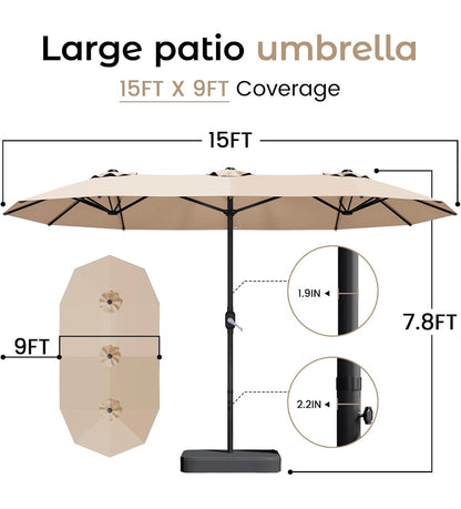 15 Ft. Patio Umbrella with Base large Double Sided Rectangular Umbrella Beige Outdoor Giant Triple Head Umbrella with Crank Handle, Market Umbrella for Poolside, Garden, Deck, Backyard and Beach (New in Box)