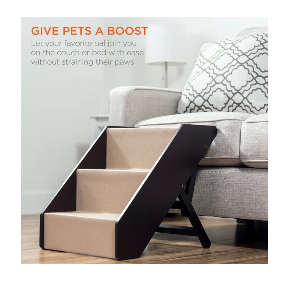 Best Choice Products 3 Step Foldable Adjustable, Wide Wooden Carpeted Pet Stairs for Injured, Elderly Dog & Cat (New in Box)