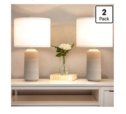 Table Lamps Set of 2 White Ceramic with White Fabric Shade foe Bedroom, Livingroom, Nightstand, Cylindrical High End Modern Farmhouse Lamp (New in Box)