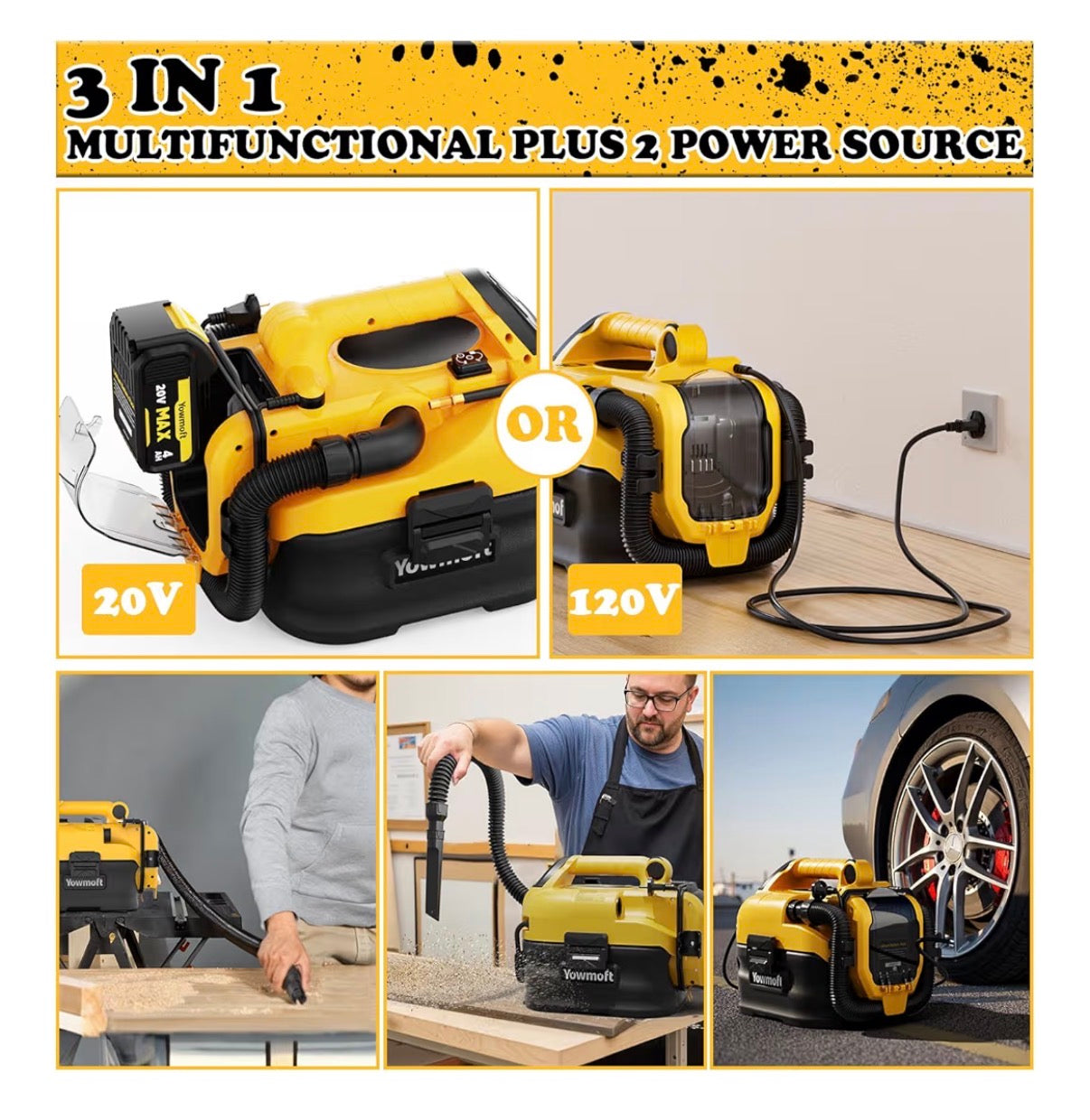 3-in-1 Shop Vac Cordless & Corded, Versatile Power Supply with Tire Inflator and Blower Functions