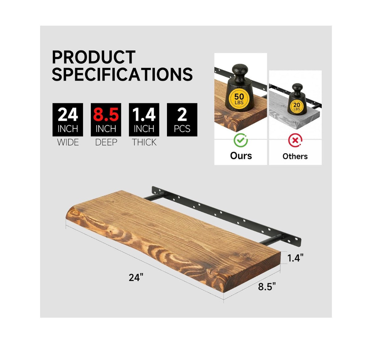 24 Inch Live Edge Floating Shelves for Wall Set of 2, Solid Finish Spruce Natural Wood Floating Shelves, Thick Rustic Edge Shelves for Bathroom, Kitchen, Living Room, Decor (Brown Finish) (New in Box)