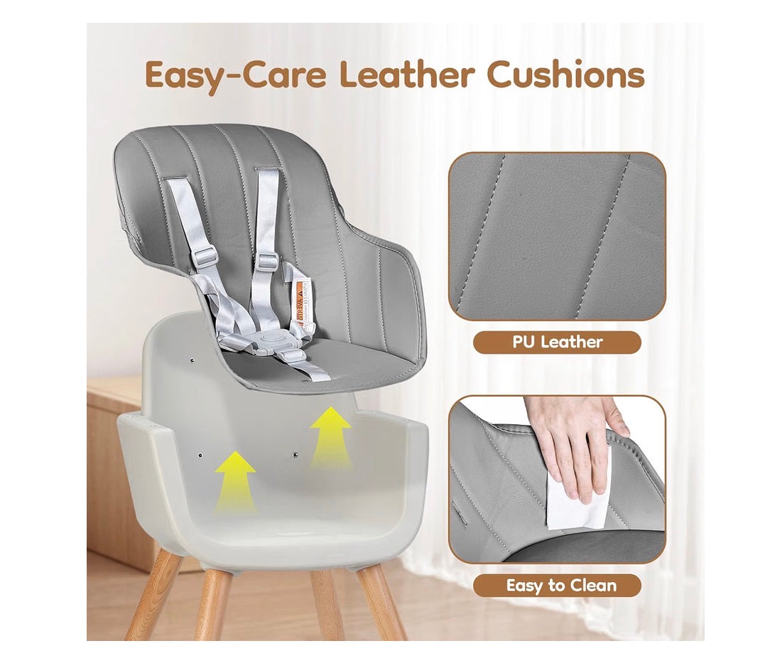 High Chair for Babies and Toddlers, 3-in-1 Convertible Wooden Highchair, Baby High Chair with Adjustable Legs, 5 Point Harness, Footrest, Dishwasher-Safe Tray & PU Leather Cushion (Gray) (New in Box)