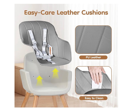 High Chair for Babies and Toddlers, 3-in-1 Convertible Wooden Highchair, Baby High Chair with Adjustable Legs, 5 Point Harness, Footrest, Dishwasher-Safe Tray & PU Leather Cushion (Gray) (New in Box)