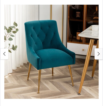 SEYNAR Modern Boucle Velvet Upholstered Accent Dining Chair Set of 2 Tufted Back Armless Chair with Golden Legs (Teal) (New)